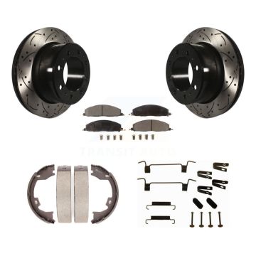 Rear Disc Drilled & Slotted Rotors Ceramic Pads Parking Shoes Hardware Kit For Ram 3500 KDT-101790