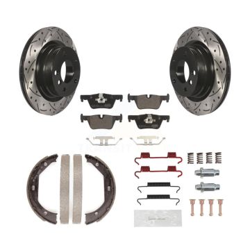 Rear Disc Drilled & Slotted Rotors Ceramic Pads Parking Shoes Hardware Kit For BMW 328i KDT-101800