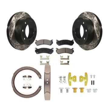 Rear Disc Drilled & Slotted Rotors Ceramic Pads Parking Shoes Hardware Kit For Chevrolet KDT-101815