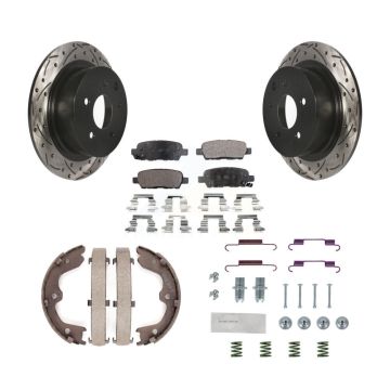Rear Disc Drilled & Slotted Rotors Ceramic Pads Parking Shoes And Hardware Kit For Nissan KDT-101818