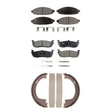 Front Rear Semi-Metallic Brake Pads Parking Shoe Kit For 03-10 Lincoln Town Car Limousine KFN-100623