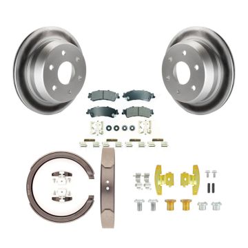 Rear Disc Coated Rotors Semi-Metallic Pads Parking Shoes & Hardware Kit For GMC Chevrolet KGA-107134
