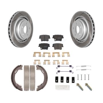 Rear Disc Coated Rotors Semi-Metallic Pads Parking Shoes & Hardware Kit For Dodge Charger KGF-103991