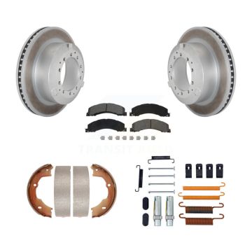 Rear Disc Coated Rotors Semi-Metallic Pads Parking Shoes Hardware Kit For Ram Dodge Truck KGS-103561