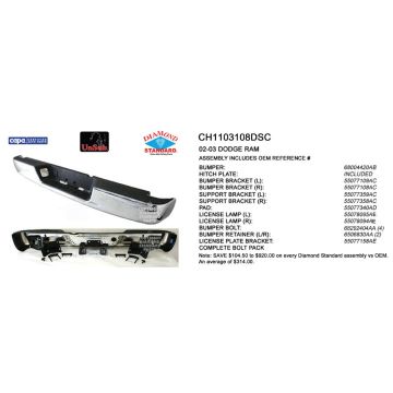Bumper Assembly Rear New Design Step Bumper Chrome Includes Pad & Bumper Support & Brackets CAPA for Dodge Ram 1500 Ram 2500 Ram 3500