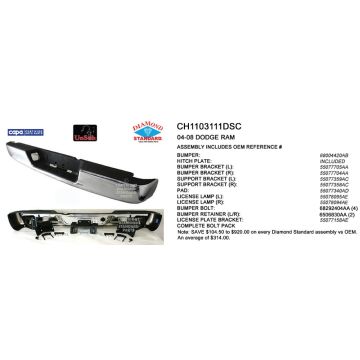 Bumper Assembly Rear w/Chrome Face Bar Includes Pads & Brackets CAPA for Dodge Ram 2500 Ram 1500 Ram 3500