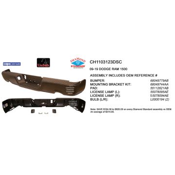 Bumper Assembly Rear w/Dual Exhaust w/o Parking Sensor w/Licence Lamps CAPA for Dodge Ram 1500 Ram 1500 1500 Classic