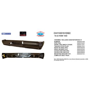 Bumper Assembly Rear Single Exhaust w/o Adv Park w/Parking Sensor w/o Lamps Primed CAPA for Ram 1500 2019-2024