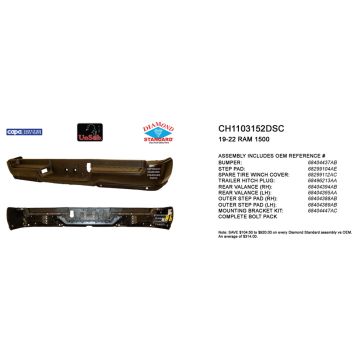 Bumper Assembly Rear Single Exhaust w/Adv Park w/Parking Sensor w/o Lamps Primed CAPA for Ram 1500 2019-2024
