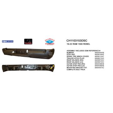 Bumper Assembly Rear Single Exhaust w/o Adv Park w/o Parking Sensor w/o Lamps Black CAPA for Ram 1500 Rebel 2019-2024