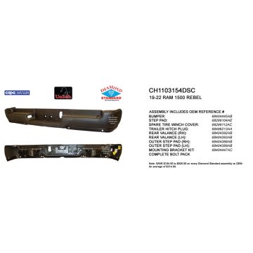Bumper Assembly Rear Single Exhaust w/o Adv Park w/Parking Sensor w/o Lamps Black CAPA for Ram 1500 Rebel 2019-2024