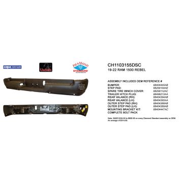 Bumper Assembly Rear Single Exhaust w/Adv Park w/Parking Sensor w/o Lamps Black CAPA for Ram 1500 Rebel 2019-2024