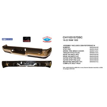 Bumper Assembly Rear Single Exhaust w/o Adv Park w/Parking Sensor w/o Lamps Chrome CAPA for Ram 1500 2019-2024