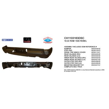 Bumper Assembly Rear Dual Exhaust w/o Adv Park w/Parking Sensor w/o Lamps Black CAPA for Ram 1500 Rebel 2019-2024