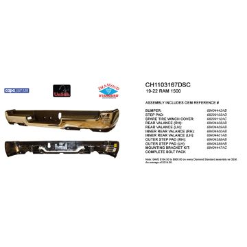 Bumper Assembly Rear Dual Exhaust w/Adv Park w/Park w/o Lamps Chrome CAPA for Ram 1500 2019-2024