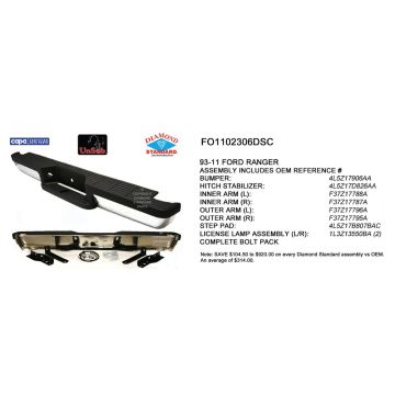 Bumper Face Bar Rear Chrome Step Assembly w/Black Pad CAPA for Ford Ranger 1993-2011