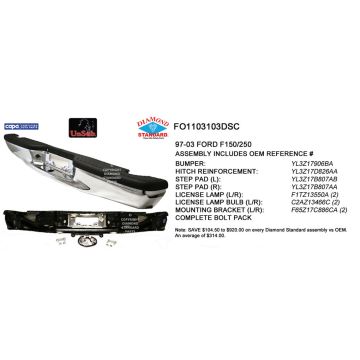 Bumper Assembly Rear Chrome w/Step Pads/Brackets/License Lamps CAPA for Ford F-150 F-150 Heritage