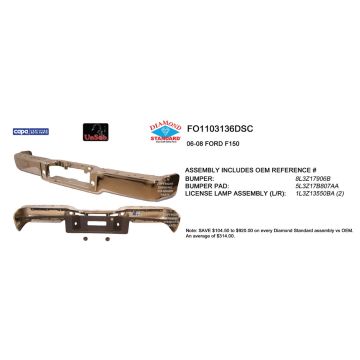 Bumper Assembly Rear w/o Rear Object Sensors w/o Towing Pkg Chrome CAPA for Ford F-150 2006-2008