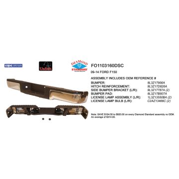 Bumper Assembly Rear w/o Sensors w/o Towing w/License Lamp & Harness Chrome CAPA for Ford F-150 2009-2014