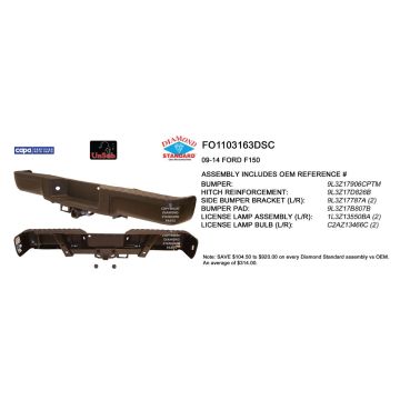 Bumper Assembly Rear w/o Sensors w/Towing Base Payload w/License Lamps Primed CAPA for Ford F-150 2009-2014