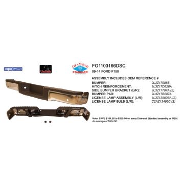 Bumper Assembly Rear w/Rear Object Sensors w/o Towing Pkg Chrome CAPA for Ford F-150 2009-2014