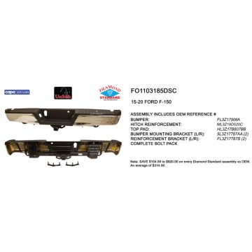 Bumper Assembly Rear w/o Rear Parking Aid w/Towing Pkg w/o Max Towing Chrome CAPA for Ford F-150 2015-2020