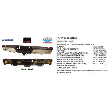 Bumper Assembly Rear w/Rear Parking Aid w/Towing Pkg w/o Max Towing Chrome CAPA for Ford F-150 2015-2020