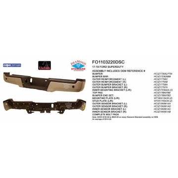 Bumper Assembly Rear w/Parking Aid Sensors w/o License Lamps CAPA for Ford F-250 Super Duty F-350 Super Duty F-450 Super Duty