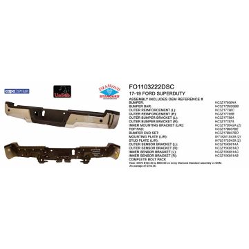 Bumper Assembly Rear w/Parking Aid Sensors w/o License Lamps Chrome CAPA for Ford F-250 Super Duty F-350 Super Duty F-450 Super Duty