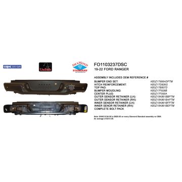 Bumper Assembly Rear w/o Towing Pkg w/Parking Aid CAPA for Ford Ranger 2019-2023