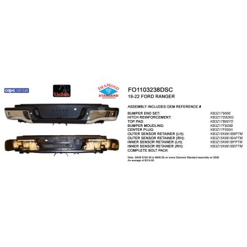 Bumper Assembly Rear w/o Towing Pkg w/Parking Aid Chrome CAPA for Ford Ranger 2019-2023