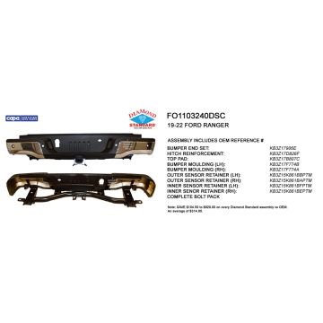 Bumper Assembly Rear w/Towing Pkg w/Parking Aid Chrome CAPA for Ford Ranger 2019-2023