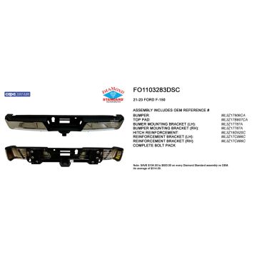Bumper Assembly Rear w/Med/Hvy Towing w/o Parking Aid w/o Lamps Chrome CAPA for Ford F-150 2021-2024