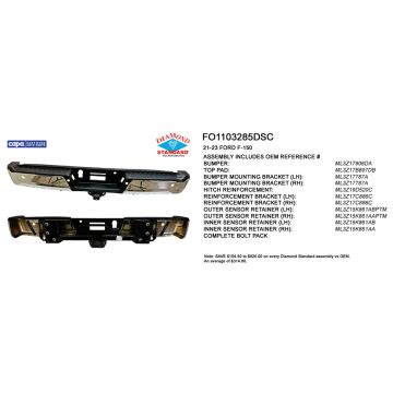 Bumper Assembly Rear w/Med/Hvy Tow w/Parking Aid w/o Active Park w/Sen Ret Chrome CAPA for Ford F-150 2021-2023
