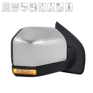 Door Mirror Assembly Right Heated w/Blind Spot Detection w/o Side View Camera w/Spot Lamp Chrome for Ford F-150 2019-2020