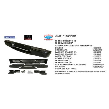 Bumper Assembly Rear Includes Pads/Brackets/Hardware/License Lamp Black w/Black Pads CAPA for Chevrolet S10 GMC Sonoma