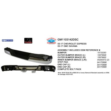 Bumper Assembly Rear w/o Object Sensor Includes Pad/Brackets/End Caps Chrome CAPA for Chevrolet Express 1500 Express 2500 Express 3500 GMC Savana 1500 Savana 2500 Savana 3500