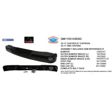 Bumper Assembly Rear w/o Object Sensor Includes Pad/Brackets/End Caps Black CAPA for Chevrolet Express 1500 Express 2500 Express 3500 GMC Savana 1500 Savana 2500 Savana 3500
