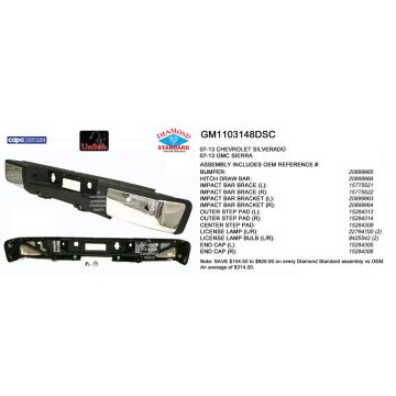 Bumper Assembly Rear w/Rear Object Sensors w/o Sensor Components Chrome CAPA for Chevrolet Silverado 1500 GMC Sierra 1500