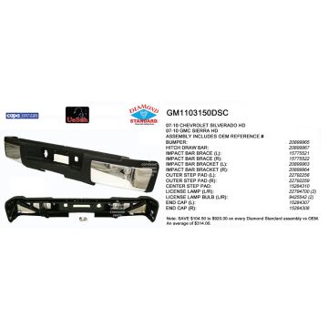 Bumper Assembly Rear (Single Rear Wheels) Single Rear Wheels w/o Rear Object Sensor Chrome CAPA for Chevrolet Silverado 2500 HD Silverado 3500 HD GMC Sierra 2500 HD Sierra 3500 HD