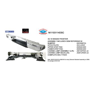 Bumper Assembly Rear w/License Lamps Face Bar/Upper/Center Pad w/o Park Chrome CAPA for Nissan Frontier 2005-2021