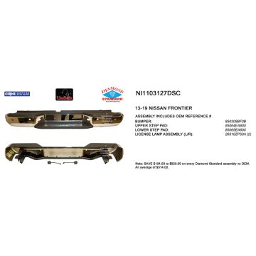 Bumper Assembly Rear w/Rear Object Sensors w/o Sensors w/o Harness Chrome CAPA for Nissan Frontier 2013-2019
