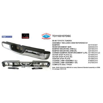 Bumper Assembly Rear Step Bumper Assembly w/Tow Hitch w/License Lamps Chrome CAPA for Toyota Tundra 2000-2006