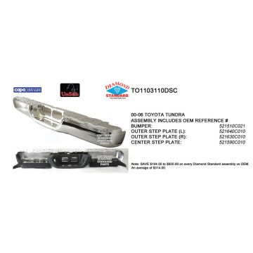 Bumper Assembly Rear Step Bumper w/Pads w/o Rebar or Brackets Chrome CAPA for Toyota Tundra 2000-2006