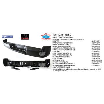 Bumper Assembly Rear w/Pads/Rein/Brackets/Cover/Seals/Lamps CAPA for Toyota Tacoma X-Runner Base Pre Runner Base Prerunner TRD Sport Prerunner TRD Sport TRD Pro 2005-2015