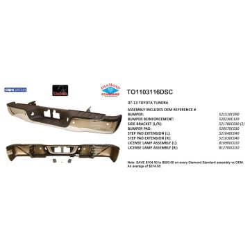Bumper Assembly Rear w/Parking Assist Chrome CAPA for Toyota Tundra 2007-2013