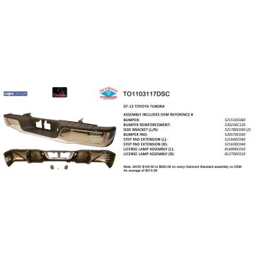 Bumper Assembly Rear w/o Parking Aid w/o Rock Warrior Pkg Chrome CAPA for Toyota Tundra 2007-2013