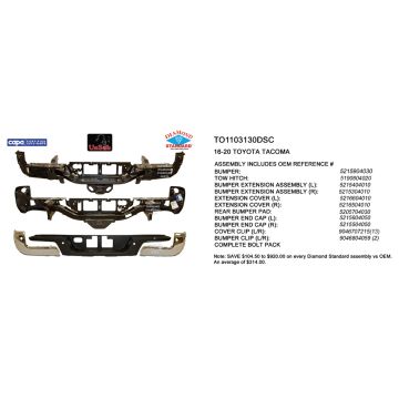 Bumper Assembly Rear w/Towing Hitch w/Parking Assist Chrome CAPA for Toyota Tacoma 2016-2023