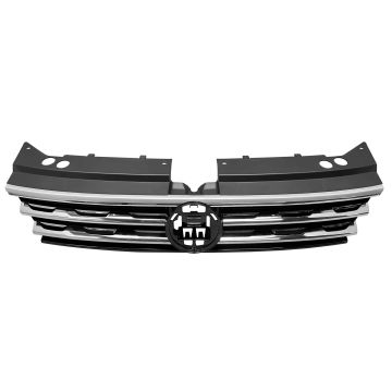Grille Assembly w/o R-LINE w/Collision Warning Black/Satin Black/Polished Chrome (3 Slat) for Volkswagen Tiguan 2018-2019