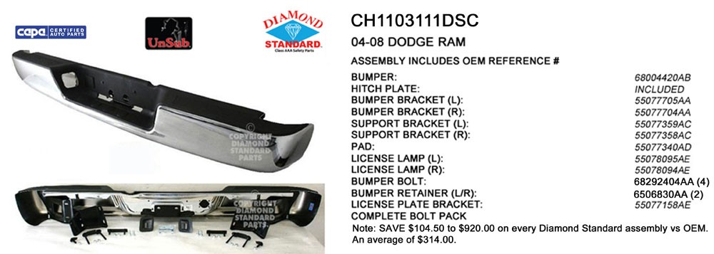 Bumper Assembly Rear w/Chrome Face Bar Includes Pads & Brackets CAPA for Dodge Ram 2500 Ram 1500 Ram 3500